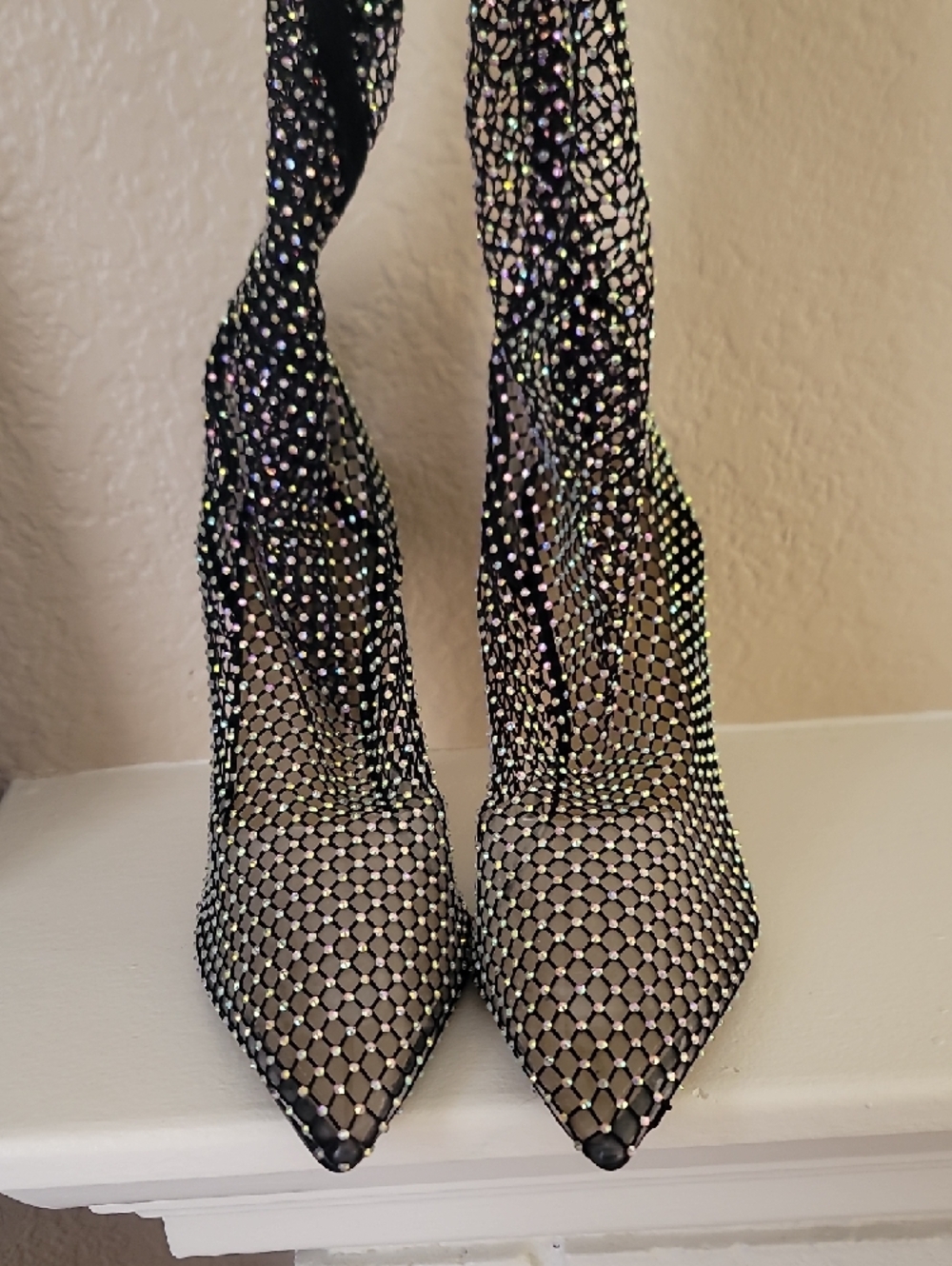 Rhinestone Mesh Pointed-Toe Stiletto Boots - Black - Picture 3 of 4